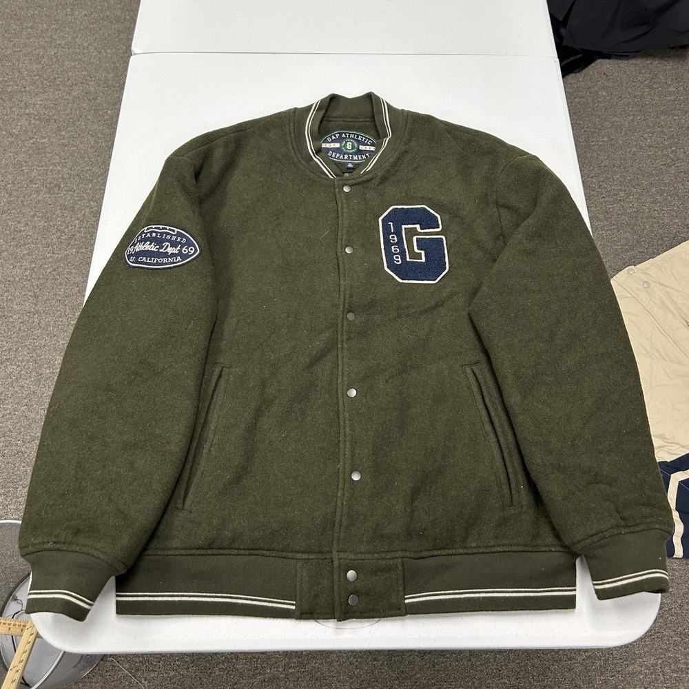 Gap Varsity Jacket Mens XL Green Wool Blend Letterman Athletic Dept 1969 Patch